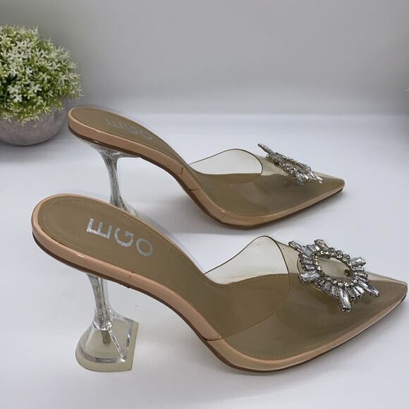 ✨ Stunning Diamond Perspex Heel Mule Nude Patent Clear Lucite Pumps✨ - Picture 7 of 12